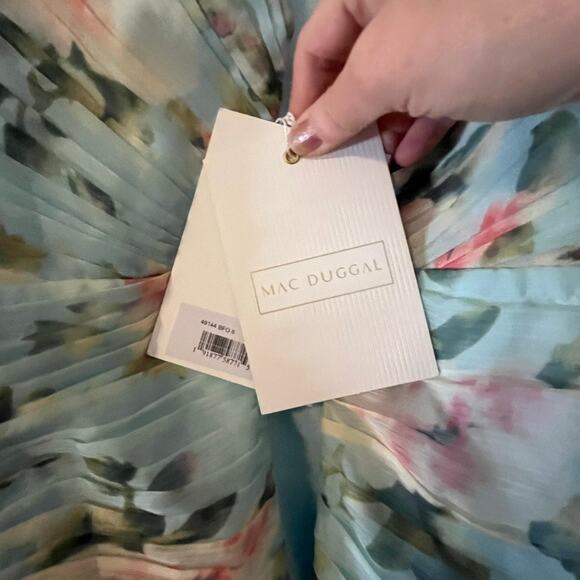 Ieena for Mac Duggal  Blue Floral Print Asymmetrical Ruffle Hem Dress Size 6 - Picture 4 of 10